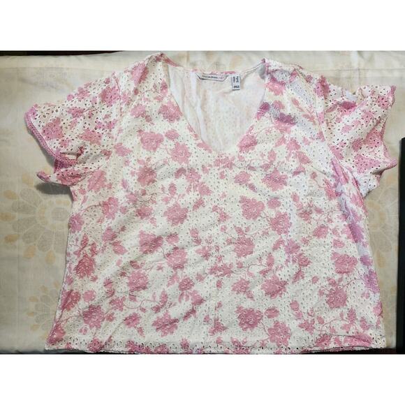 Isaac Mizrahi Live Blouse Sz 1X Short Sleeve Layered Eyelet Pink White Floral - Picture 1 of 7